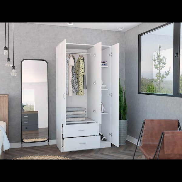 Tuhome Austral 3 Door Armoire with Drawers, Shelves, and Hanging Rod, White CLB4614 - main